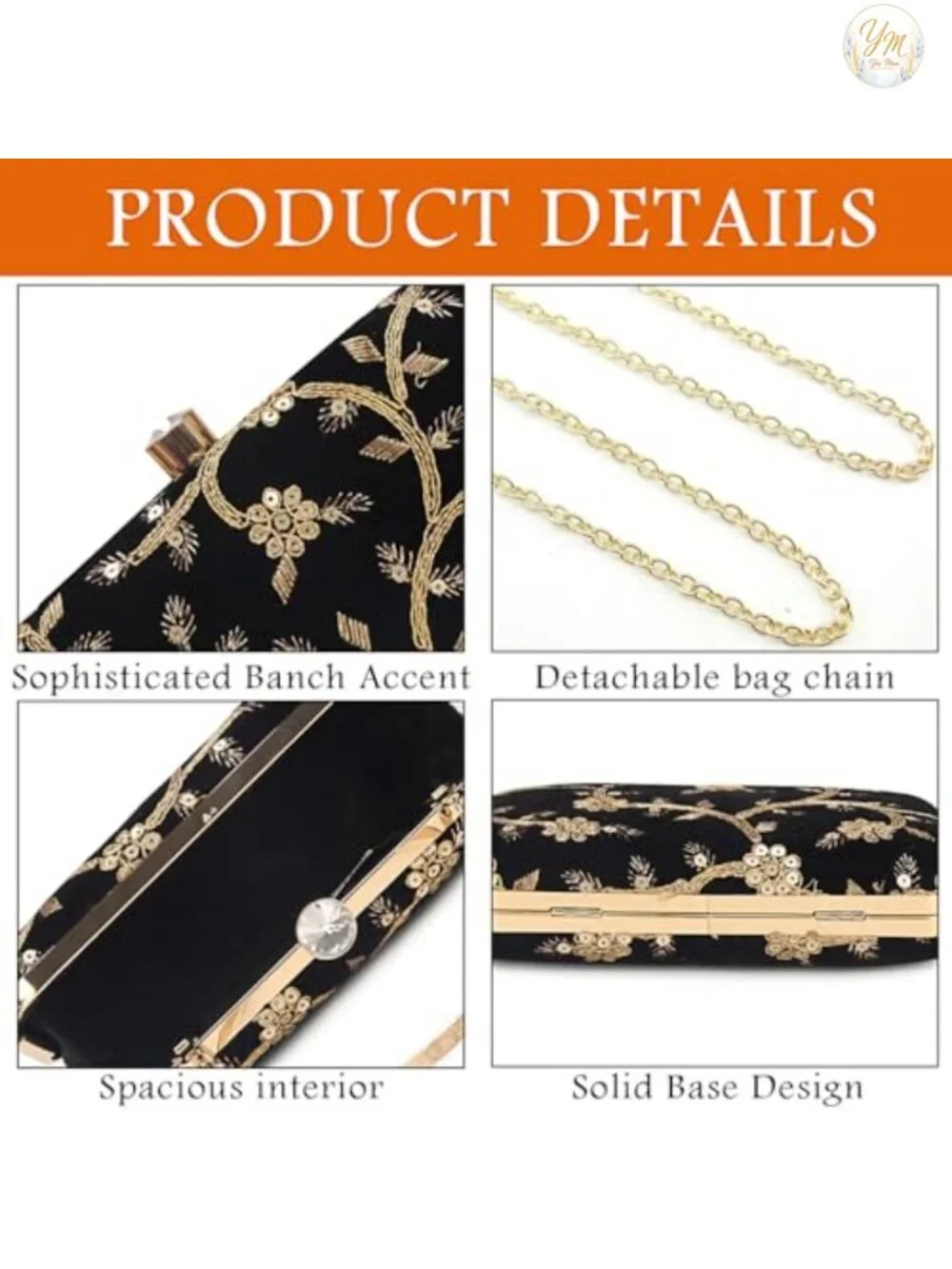 Hand Crafted Embroidered Box Clutch with Crystal Clasp and Chain Strap